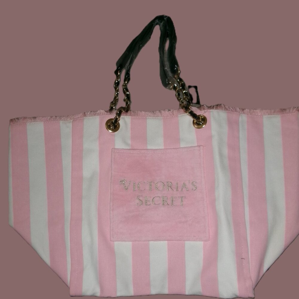 Victoria's Secret ~ Pink White Stripe Canvas Tote ~ Weekender, Beach Bag NEW